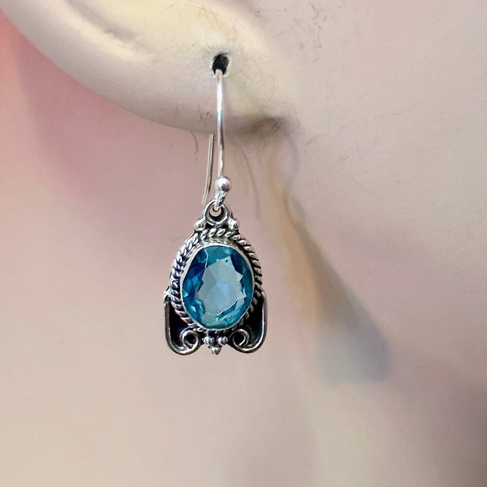 Sterling Silver Earrings. Faux Blue Topaz : Boho Dangle Jewelry - Picture 2 of 3